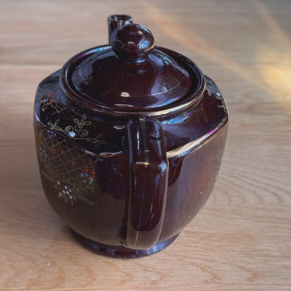 Moriage Style Ceramic Redware Teapot, Brown Flora, Vintage Pre-War Japan - Picture 7 of 16